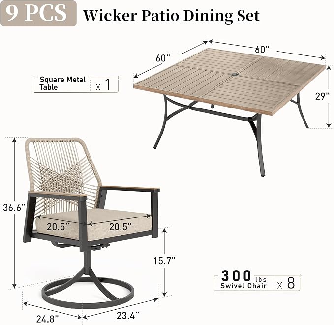 Patio Dining Set 9 Piece, 8 x Woven Rattan Swivel Chairs - Image 4