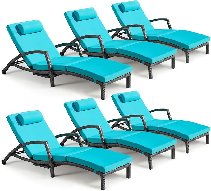 Chaise Lounge Chairs Outdoor Set of 6, Comfy Outside Wicker Patio Pool Lounge by ZZWHOM