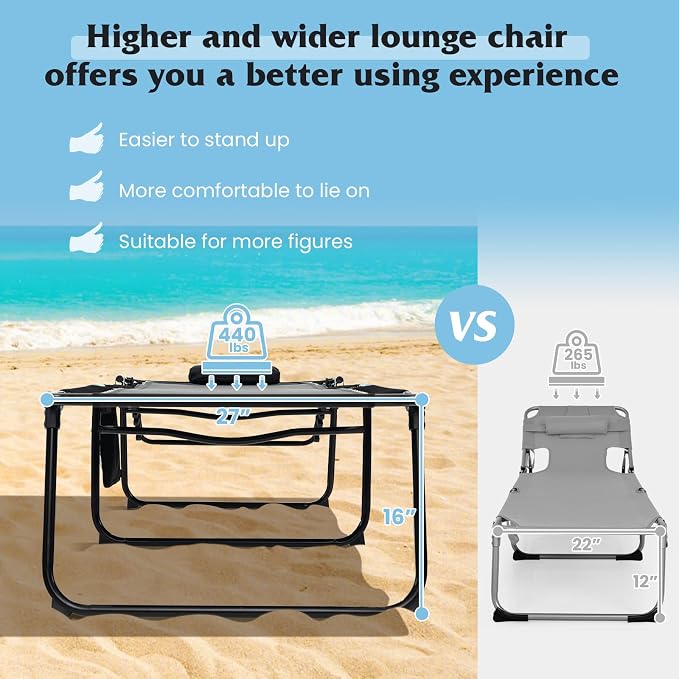 GYMAX Lounge Chair for Outside, 440lbs 27” Oversize Folding Beach Tanning - Image 6