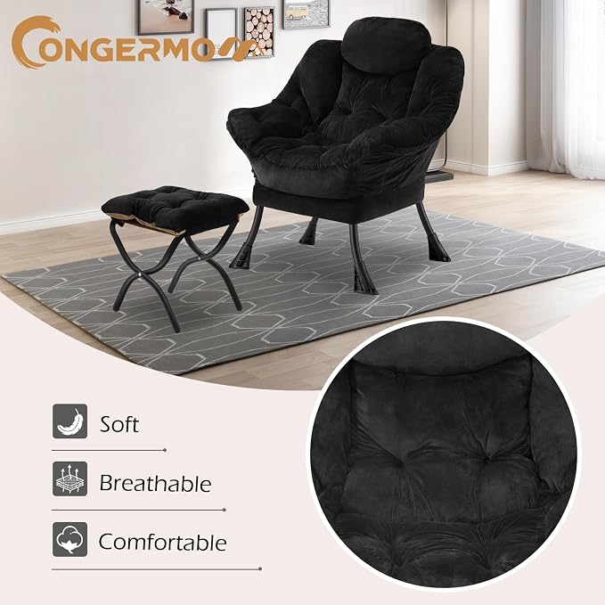 Lazy Chair with Folding Ottoman, Leisure Sofa Chair, Soft Fabric Armchair with - Image 4
