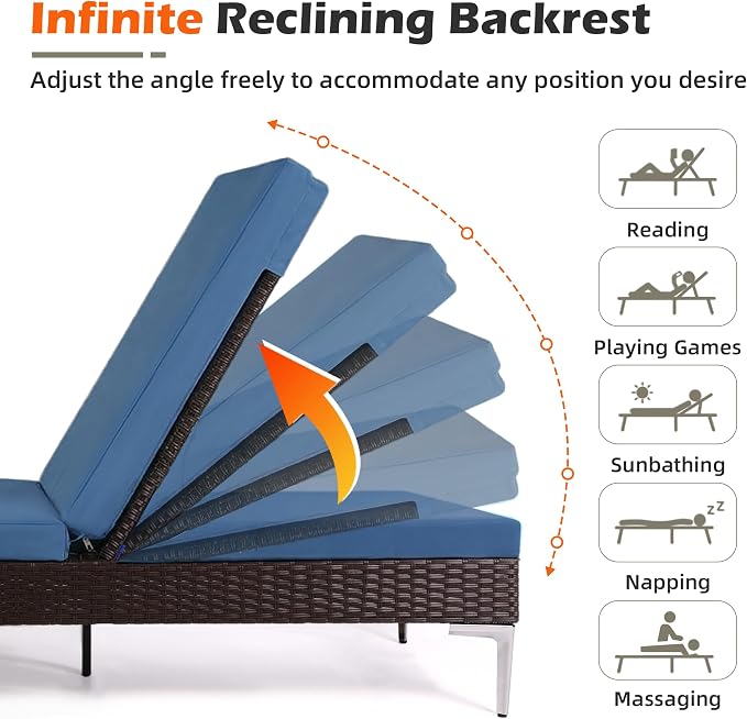 HOMREST Outdoor Chaise Lounge Chair Set of 2, Rattan Pool Sunbathing Recliner - Image 3