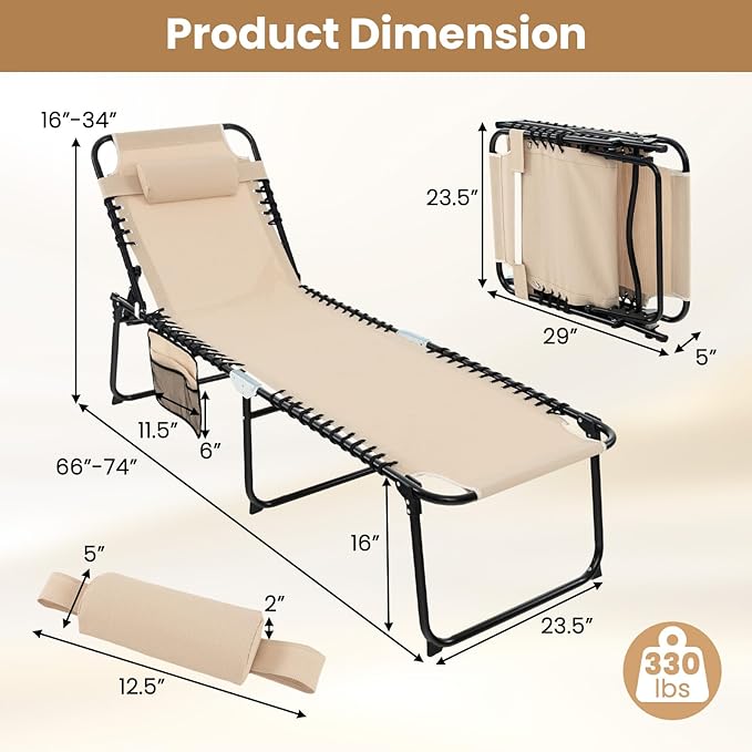 GYMAX Lounge Chairs for Outside, Extra High Folding Beach Tanning Lounger - Image 3
