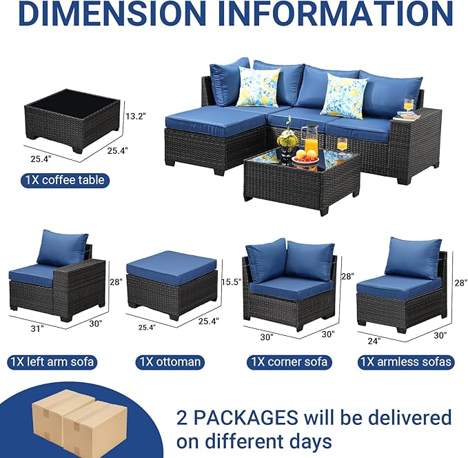 Jing's Villa 5-Piece Patio Furniture Set, All-Weather Outdoor Wicker Sectional - Image 7