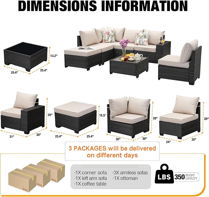 7 Pieces Patio Furniture Set All-Weather Outdoor Wicker Sectional Conversation - Image 5