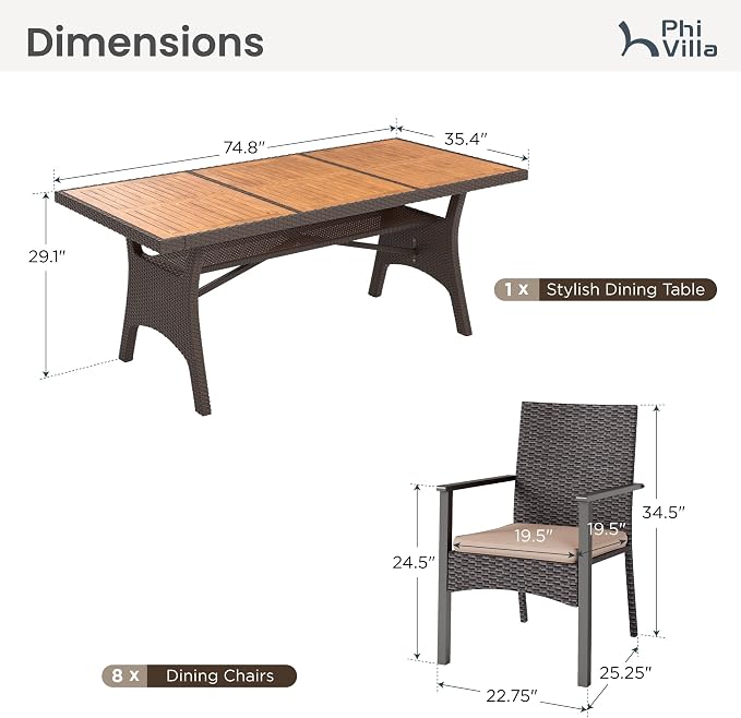 PHI VILLA Outdoor Dining Set for 8, Rectangular Rattan Table - Image 9