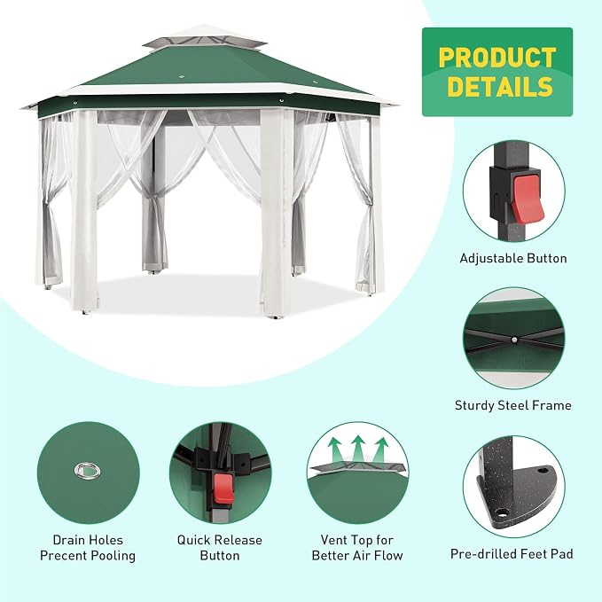 13' x 13' Pop-Up Gazebo, Hexagonal Canopy Shelter - Image 5