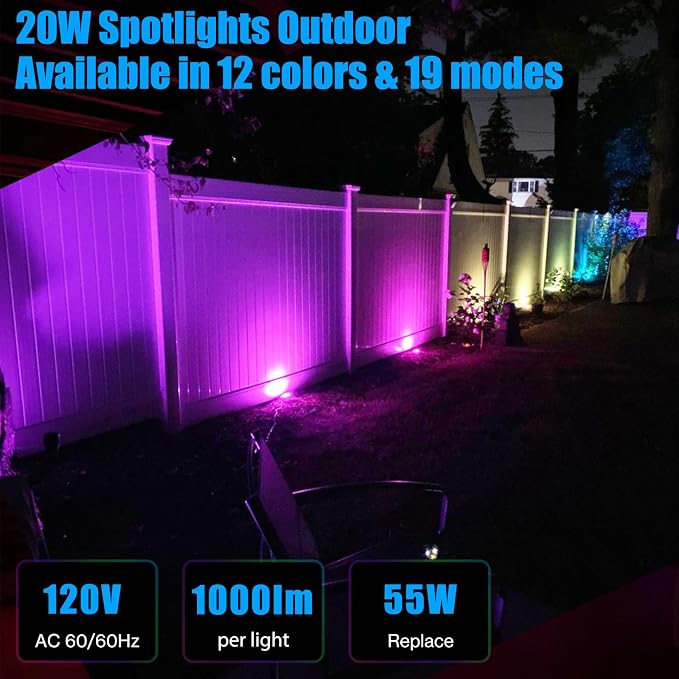 20W Outdoor RGB LED Spotlights 4 Pack, 120V 1000lm - Image 3