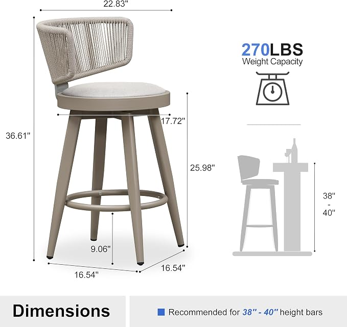 PURPLE LEAF Outdoor Counter Height Bar Stools Set of 2 26 Inch Patio Swivel Bar - Image 2
