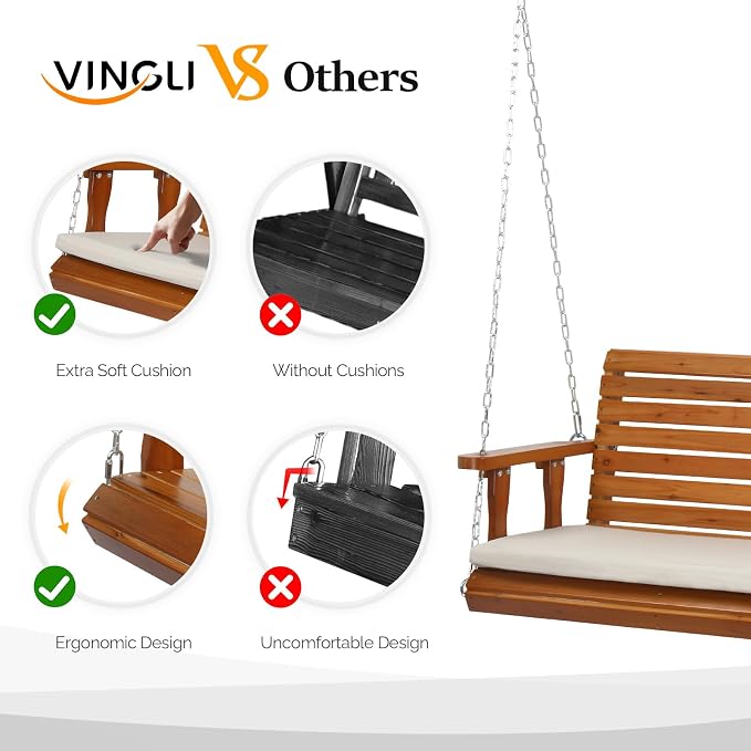 VINGLI Heavy Duty 880 LBS Patio Wooden Porch Swing Outdoor - Image 3