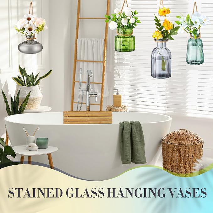 4 Pcs Stained Glass Hanging Vases Hanging Glass Planters Small Plant Terrarium - Image 3