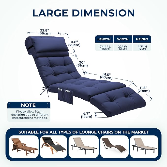 Waterproof Outdoor Chaise Lounge Chair Cushion 74.4 x 22 x 4.7 Inches Lounge - Image 2