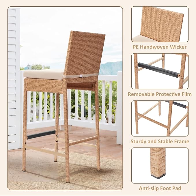 ECOTOUGE Outdoor Bar Stools Set of 2, Wicker Woven Patio Stools & Patio Bar - Image 5