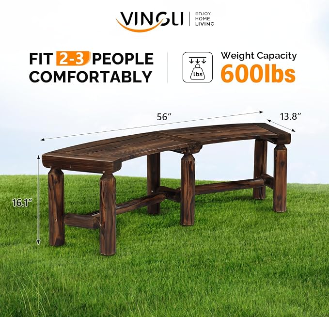 VINGLI Outdoor Bench Wooden Curved Bench, All-Weather Fire Pit Backless Patio - Image 3