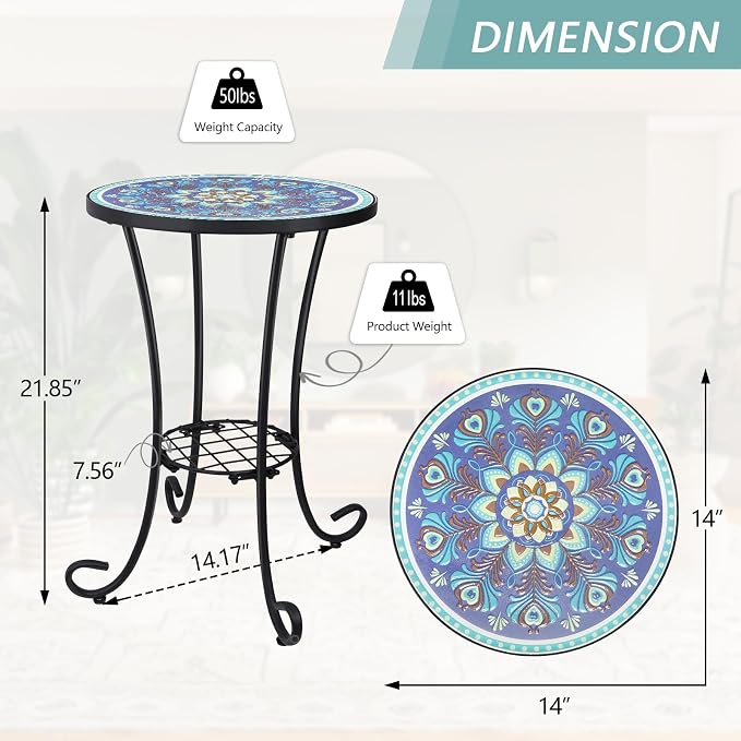 VCUTEKA Outdoor Side Table Mosaic Patio Table Accent Tables Mosaic Tile Top - Image 3