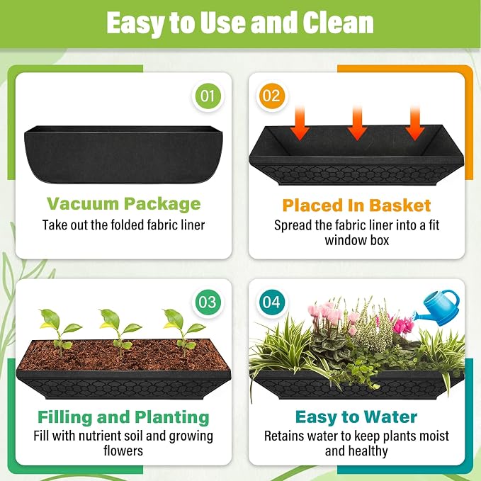 Riare 4 Pack 36 Inch Black Fabric Window Box Liners- Felt Square Trough Planter - Image 5