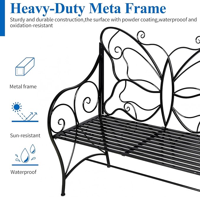 HLC Outdoor Bench Outdoor Sturdy Rust-Resistant Bench Butterfly Cast Iron - Image 4