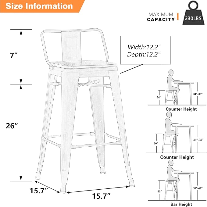 Yongchuang 26" Metal Barstools Set of 4 Low Back Bar Stool Counter Height Bar - Image 3
