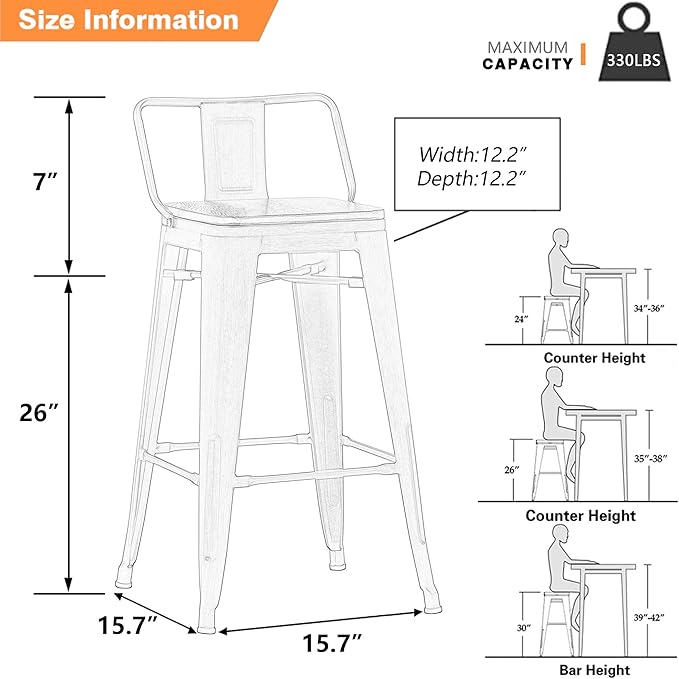 Yongchuang 26" Industrial Metal Barstools Set of 4 Counter Height Bar Stools - Image 3
