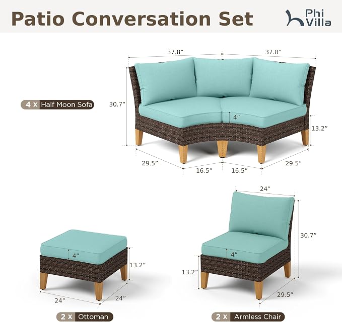 PHI VILLA 8-Piece Wicker Patio Furniture Set, Outdoor Half-Moon Curved - Image 2