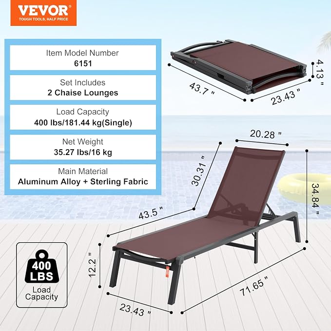 VEVOR 2 Pcs Chaise Lounge Chairs Outdoor, Aluminum Patio Lounge Chair - Image 3