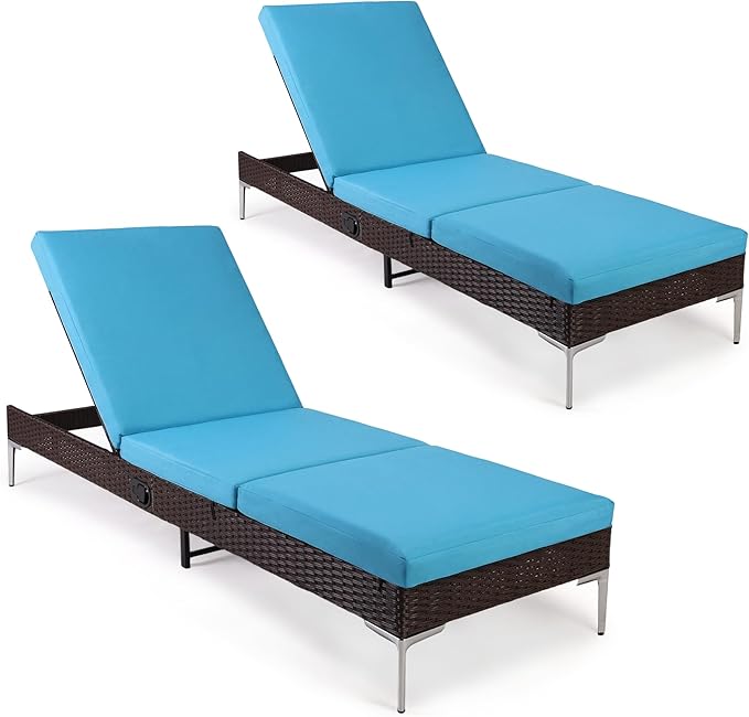 HOMREST Outdoor Lounge Chairs Set of 2, Patio Wicker Chaise Lounge - Image 6