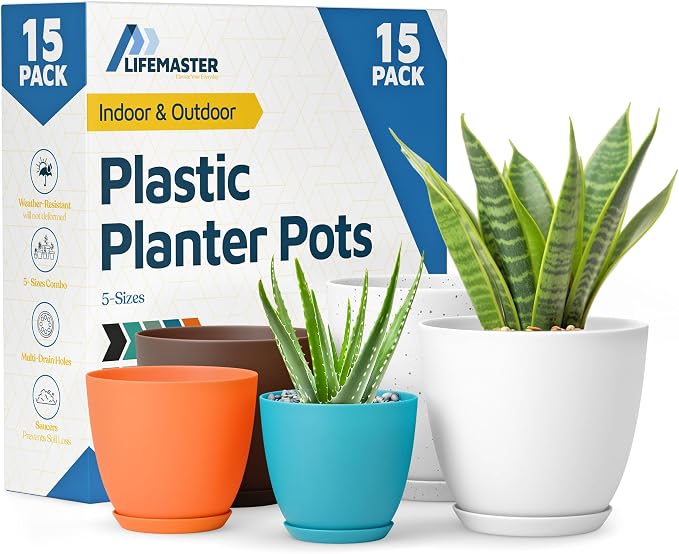 Multicolor Plant Pots with Drainage Holes & Saucers 15 Pack, Indoor & Outdoor by LIFEMASTER