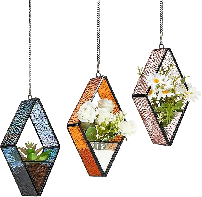 Yaomiao 3 Pcs Stained Glass Hanging Plant Terrariums Hanging Glass Planter by Yaomiao