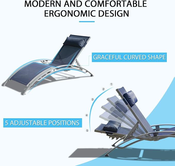 Domi Pool Lounge Chairs Set of 3, Adjustable Aluminum Outdoor Chaise Lounge - Image 5