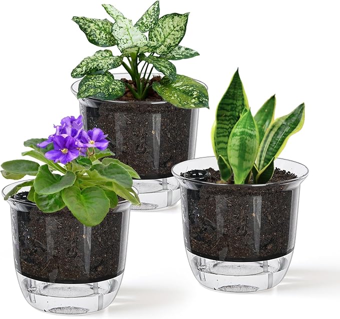 Self Watering Pots, 3 Pack 4 Inch Clear Plant Pot Self Watering Planter Flowers by IWNTWY