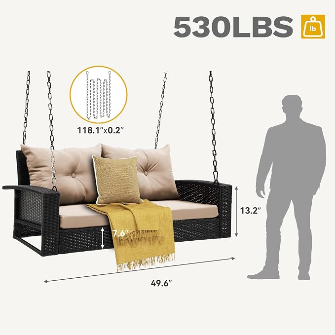 DWVO Wicker Hanging Porch Swing Chair Outdoor Brown Rattan Patio Swing Lounge - Image 5