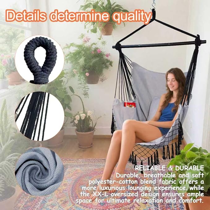 Hammock Chair Hanging Rope Swing Chair, Max 450 Lbs, Large Hanging Chair - Image 5