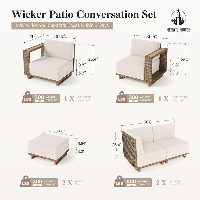 HERA'S HOUSE 8 Pieces Patio Furniture Set, 6 Sectional Outdoor Rattan Wicker - Image 7