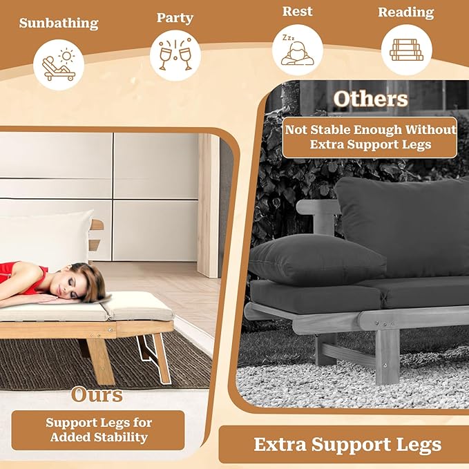S AFSTAR Patio Convertible Couch Sofa Bed, Acacia Wood Chaise Lounger - Image 6