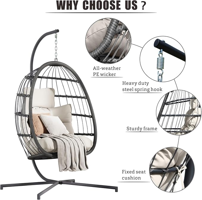 HWB Hanging Egg Chair with Stand, Swing Hammock Chair with Cushion - Image 4
