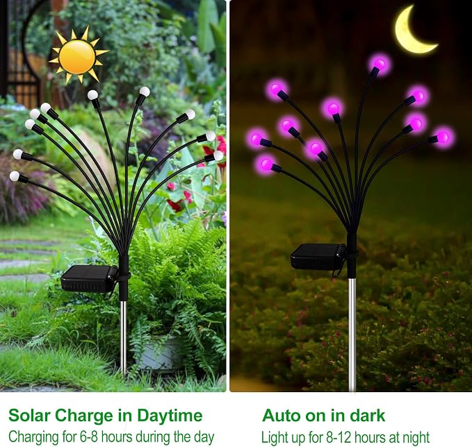 Kohlrabi Solar Garden Lights Outdoor, 10 Pack 80 LED Pink Firefly Lights - Image 3
