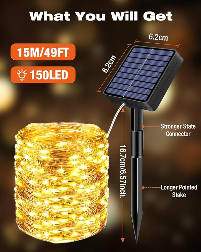 1 Pack Solar Fairy Lights for Outside Waterproof, 49FT/15M 150LED Solar String - Image 6