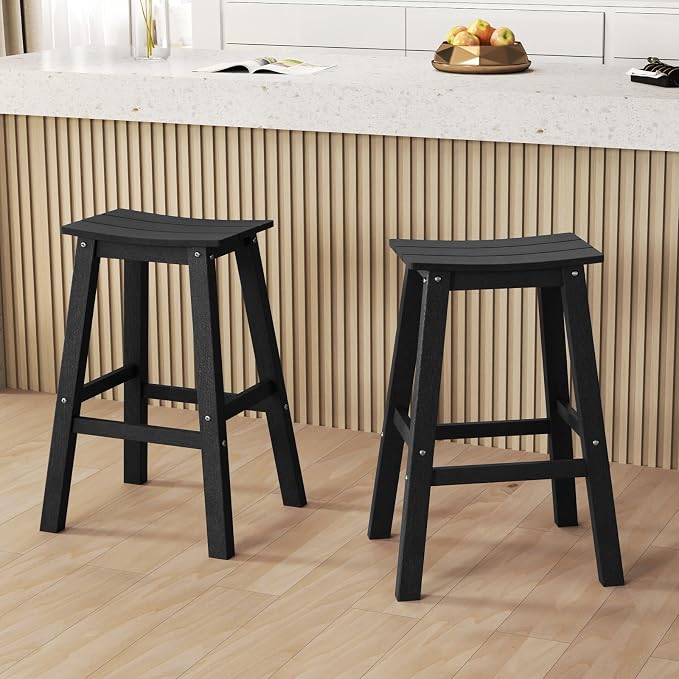 Tangkula Patio Bar Stools Set of 2, 29 Inch HDPE Bar Height Armless Saddle - Image 2