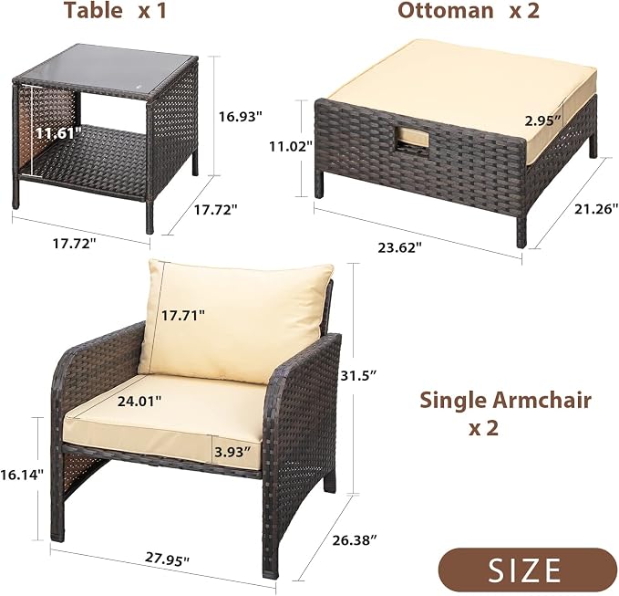 LEVELEVE Balcony Furniture 5 Piece Patio Conversation Set, PE Wicker Rattan - Image 2