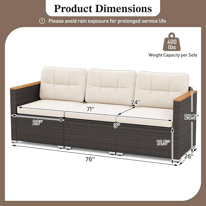 Tangkula 3-Seat Patio Wicker Couch Sofa, Outdoor 3 Seater Rattan Furniture Set - Image 3