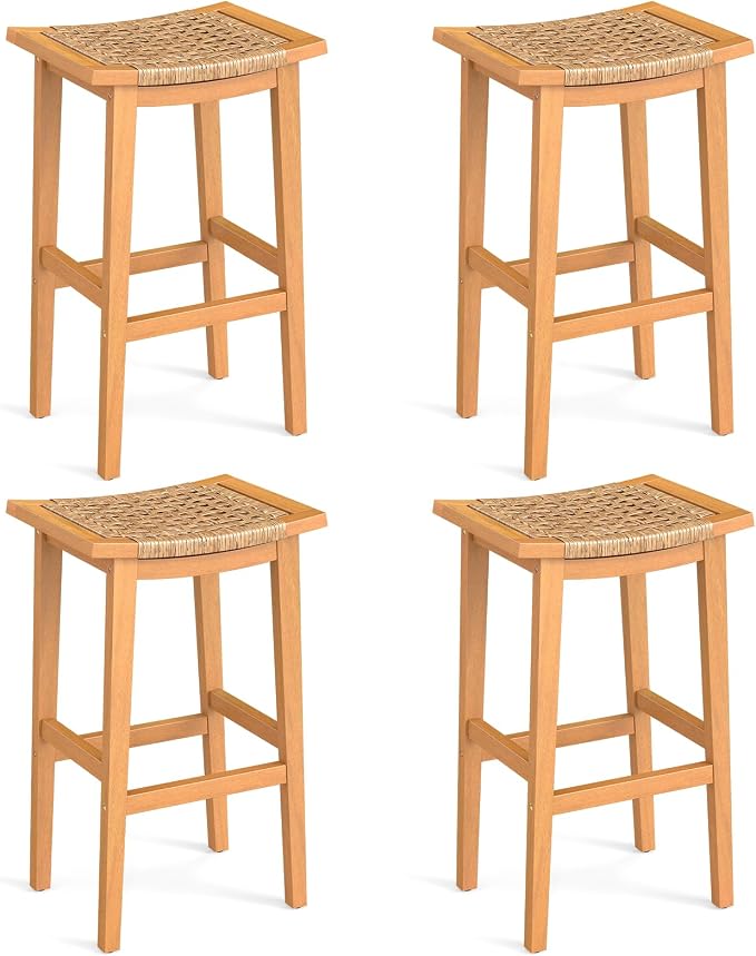 Giantex Outdoor Wooden Bar Stools Set of 4, Solid Acacia Wood Bar Height Stools by Giantex