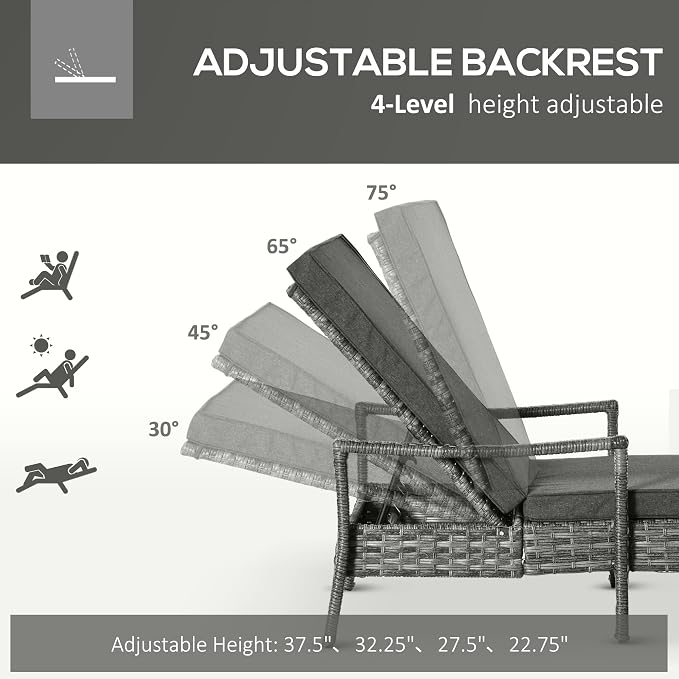 Outsunny Wicker Chaise Lounge, 4 Position Adjustable Backrest and Cushions - Image 4