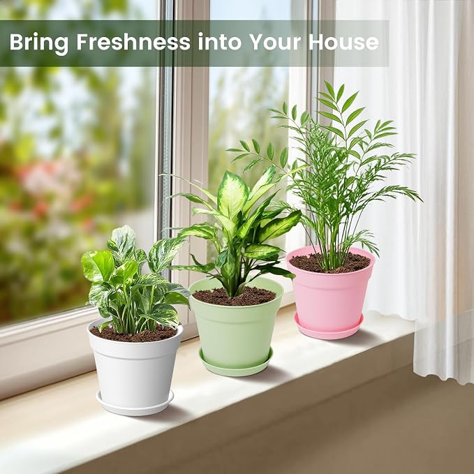 10 Pack 6 Inch Plant Pots with Drainage and Saucers, Plastic Flower Pots - Image 4