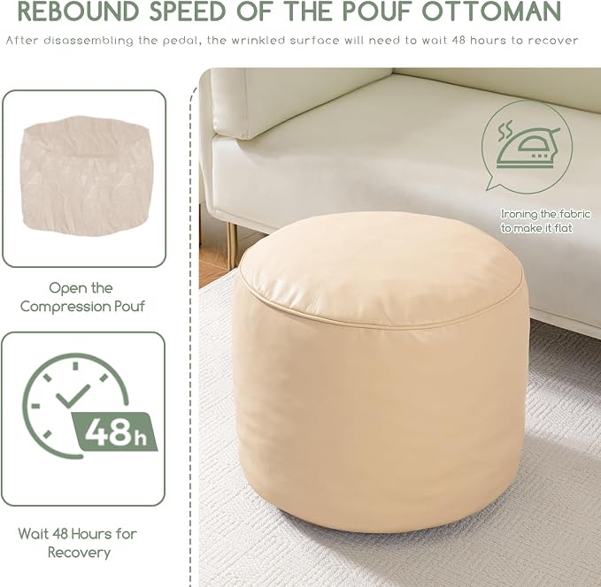 HIGOGOGO Round Stuffed Pouf Ottoman, Pu Leather Poufs - Image 6