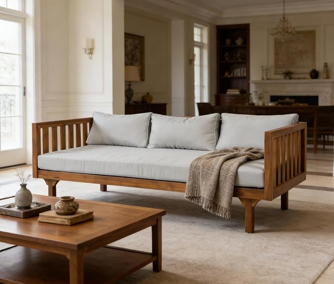 Merax Solid Acacia Wood Couch Chaise Lounge Chair Indoor, 3 Seater Daybed Sofa - Image 9