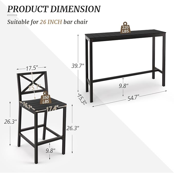 Outdoor Bar Height Table and Chairs Set, 3 Piece Black Top and Bronze Leg Patio - Image 3