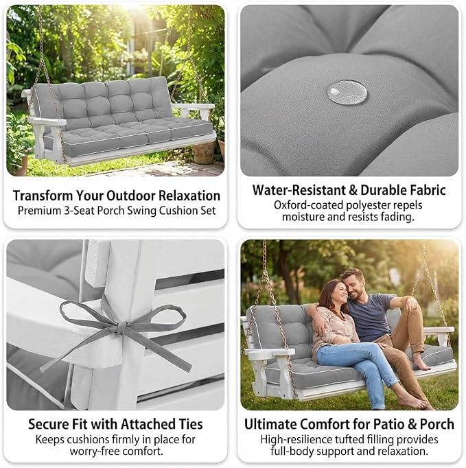 3 Seat 57 Inches Outdoor Porch Swing Cushions, Water-Resistant Tufted Patio - Image 3