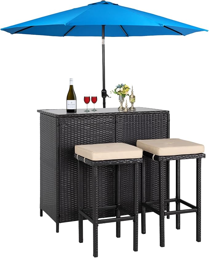 3-Piece Wicker Outdoor Furniture Bar Set, 2 Stools and 1 Glass Top Table by Crownland