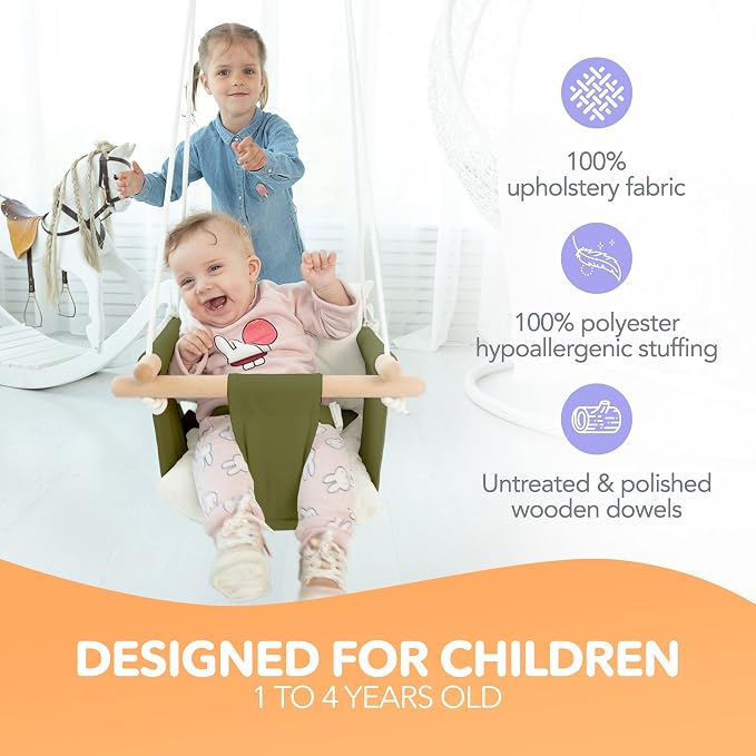 CaTeam - Canvas Baby Swing, Wooden Hanging Swing Seat Chair - Image 2