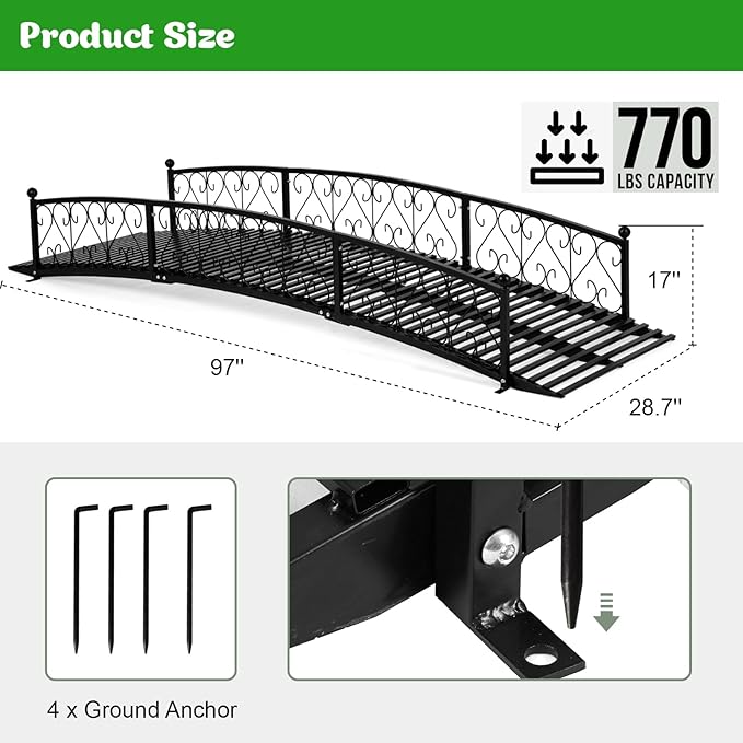 Metal Garden Bridge 8 FT, Durable Decorative Footbridge - Image 4