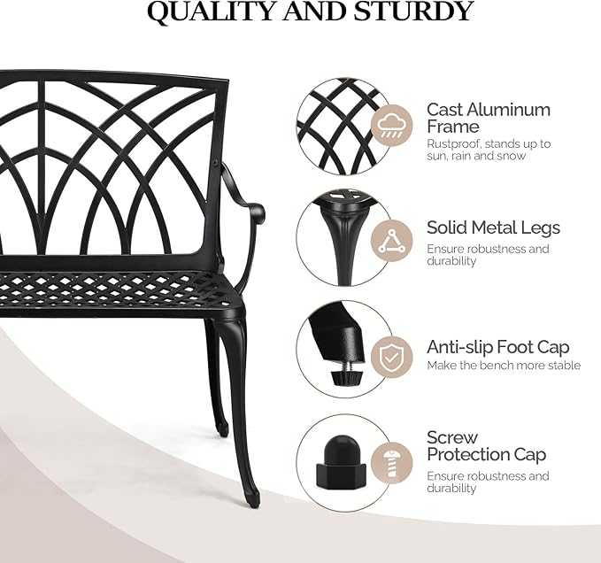 VINGLI 38" Outdoor Metal Bench, Cast Aluminium Garden Bench, Weatherproof - Image 5